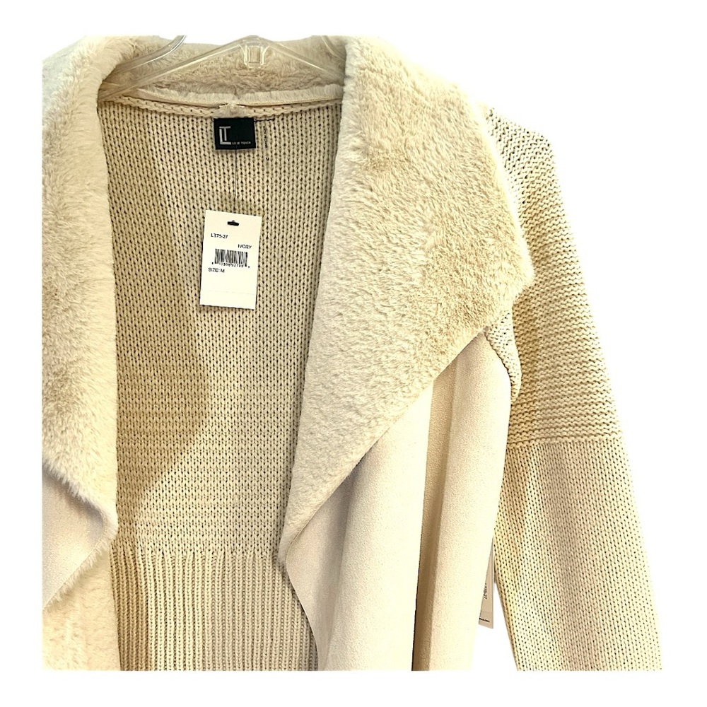 LOVE TOKEN Faux Suede Open Cream Sweater/Cardigan in knitted design NWT SZ MED - Picture 8 of 16